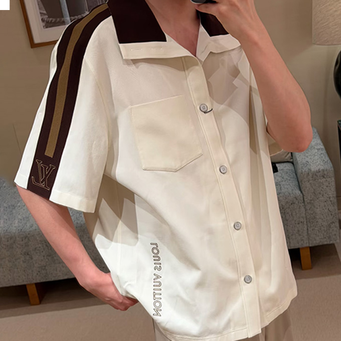 lv louis vuitton color block collar tape trim casual short sleeve shirt